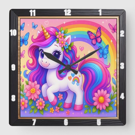 Happy Rainbow Unicorn Quadratische Wanduhr (Vorderseite)