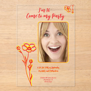 Happy Red & Yellow Blume 16. Geburtstag Acryleinladungen