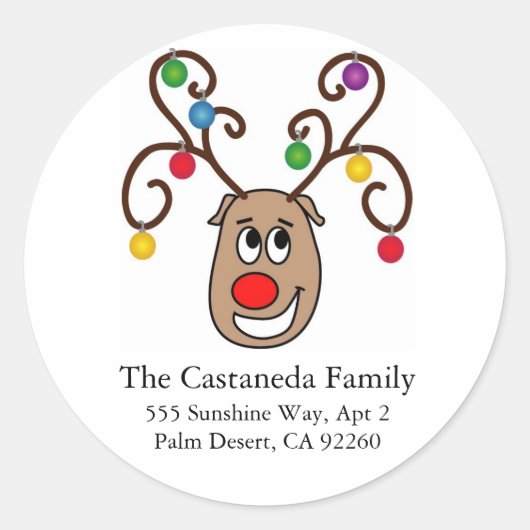 Happy Reindeer Address Labels Runder Aufkleber (Vorderseite)