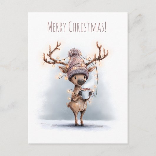 Happy reindeer holds hot mug, Christmas Postkarte (Vorderseite)