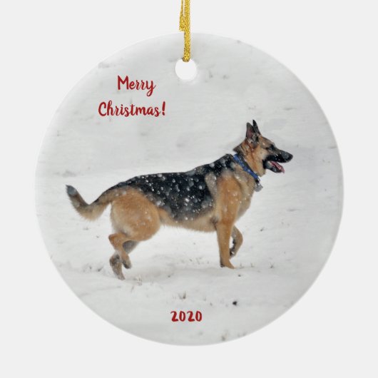 Happy Rescue German Shepherd Hund im Winter Snow Keramik Ornament (Hinten)