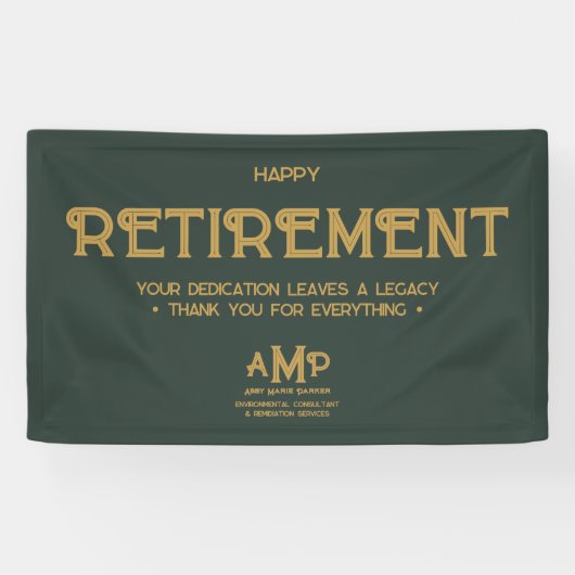 Happy Retirement 3 Letter Gold Monogram on Green Banner (Horizontal)