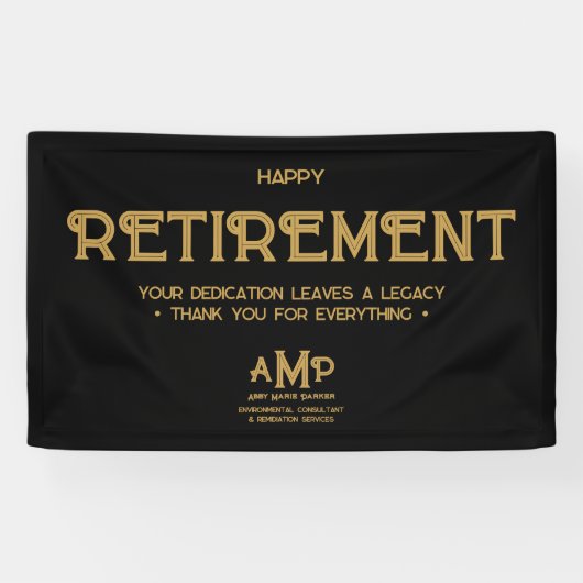 Happy Retirement Black and Gold Monogram Banner (Horizontal)