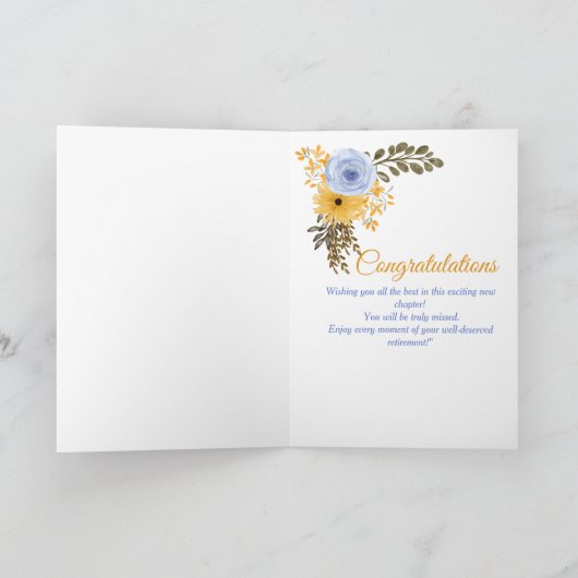 Happy Retirement Blumengelb und Blautönen Karte (Innenseite)