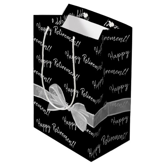 Happy Retirement bow on black Mittlere Geschenktüte (Rückseite Schrägansicht)