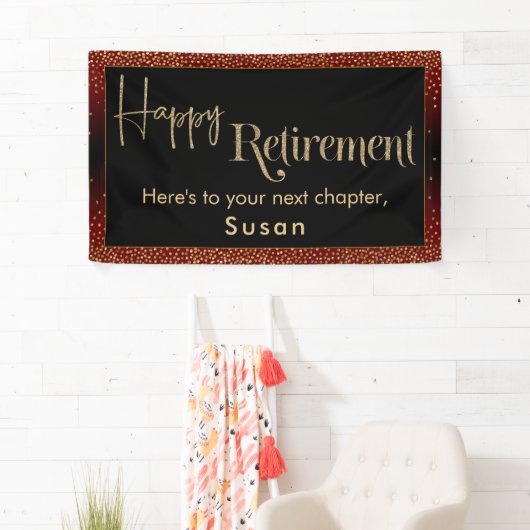 Happy Retirement Gold Confetti, Dark Burgundy Red Banner (Insitu)