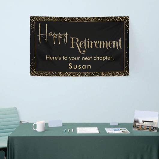 Happy Retirement Gold Glitzer Confetti auf Black Banner (Messeveranstaltung)