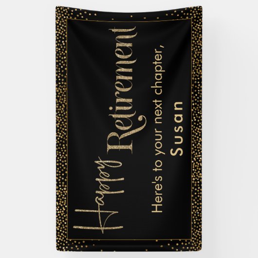 Happy Retirement Gold Glitzer Confetti auf Black Banner (Vertikal)