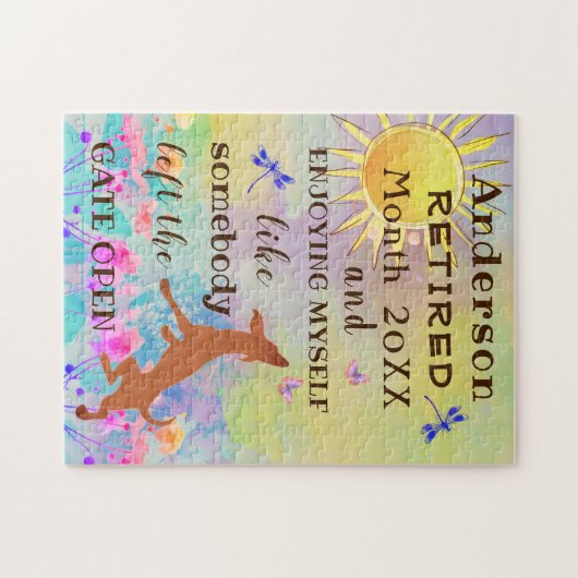 Happy Retirement Niedlich Dancing Dog Jumping mit  Puzzle (Horizontal)