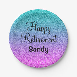Happy Retirement Ombre Pink Blue Lila Glitzer Pappteller