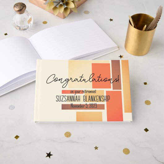 Happy Retirement Orange Block Abstrakt Custom Gästebuch (Vorderseite Offen)