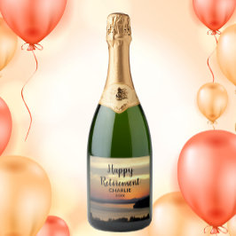 Happy Retirement Orange Sunset mit Namen Schaumweinetikett