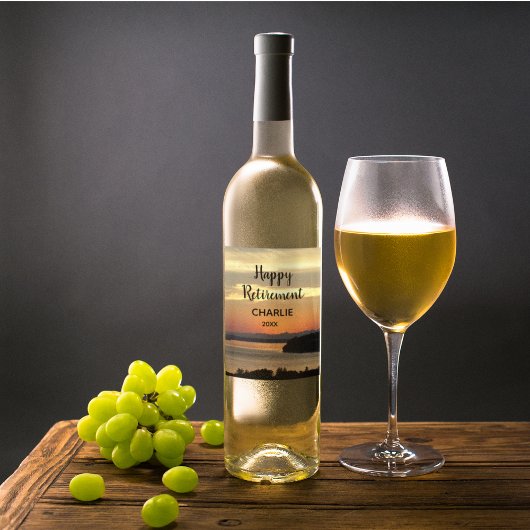 Happy Retirement Orange Sunset mit Namen Weinetikett