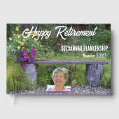 Happy Retirement Rustic Bench Blume Benutzerdefini Gästebuch (Vorderseite)