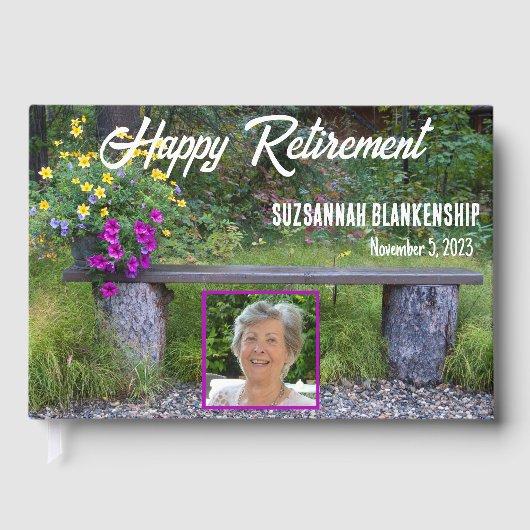 Happy Retirement Rustic Bench Blume Benutzerdefini Gästebuch (Vorderseite)