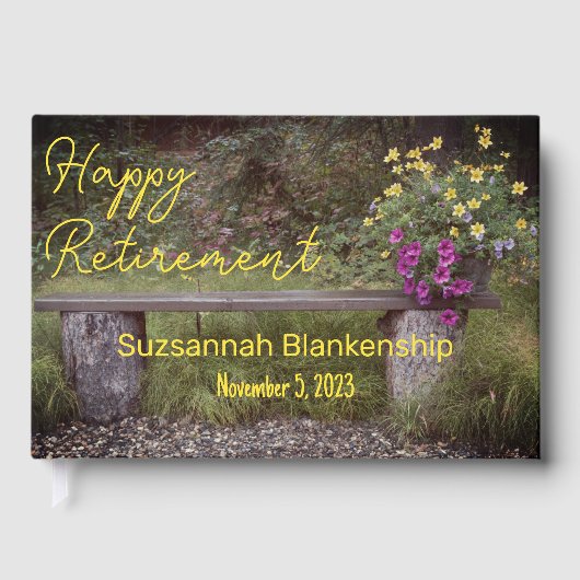 Happy Retirement Rustic Bench Blume Foto Custom Gästebuch (Vorderseite)