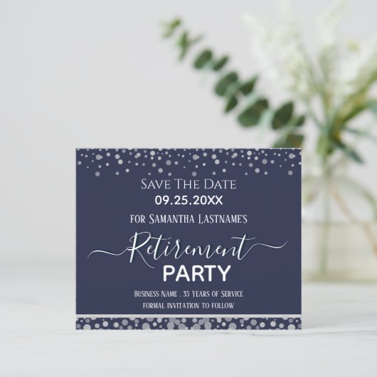 Happy Retirement Silver Confetti Save the Date (Stehend Vorderseite)