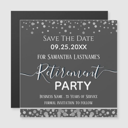Happy Retirement Silver Confetti Save the Date Magnetkarte (Vorne/Hinten)