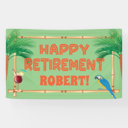 Happy Retirement Tiki Parrot Palm Tree Banner (Horizontal)