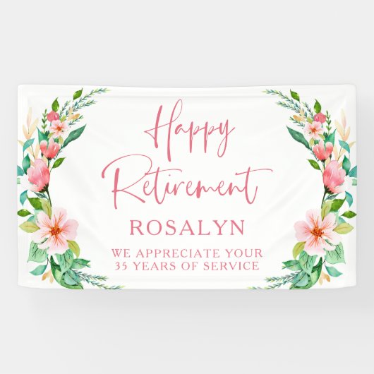 Happy Retirement Tropical Floral Pink Script Banner (Horizontal)