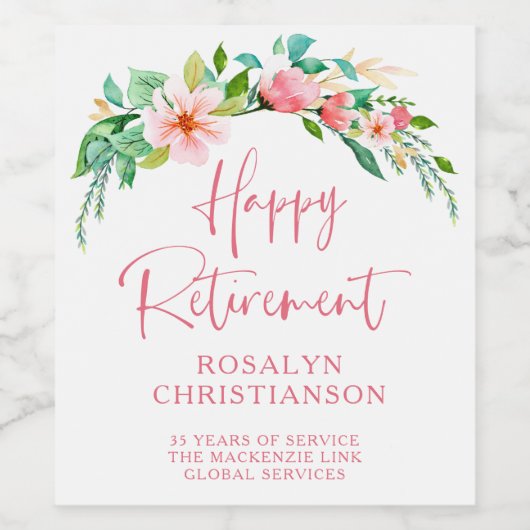 Happy Retirement Tropical Floral Pink Script Weinetikett (Einzelnes Label)