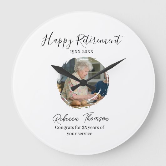 Happy retirement year name circle photo retired große wanduhr (Vorderseite)
