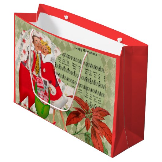 Happy Retro 1950er Weihnachtskuh Große Geschenktüte (Vorderseite Schrägansicht)
