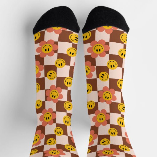 Happy Retro Checkered Pattern mit Blume Socken (Oben)