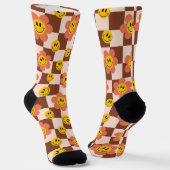 Happy Retro Checkered Pattern mit Blume Socken (Gewinkelt)