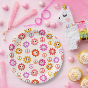 Happy Retro Lächelnde Blume mit Friedenszeichen Pappteller