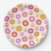 Happy Retro Lächelnde Blume mit Friedenszeichen Pappteller (Vorderseite)