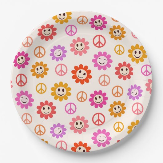 Happy Retro Lächelnde Blume mit Friedenszeichen Pappteller (Vorderseite)