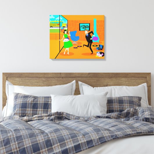 Happy Retro Partys Stretched Canvas Print Leinwanddruck (Insitu (Schlafzimmer))