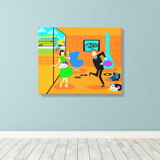 Happy Retro Partys Stretched Canvas Print Leinwanddruck (Insitu (Holzboden))