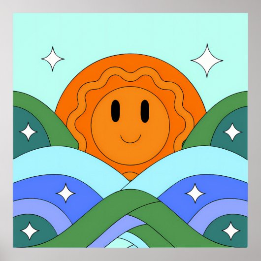 Happy Retro Sun Over Rolling Hills Poster (Vorne)