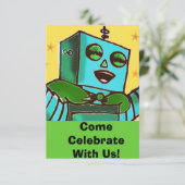 Happy Robot Comic Style Celebration Einladung (Stehend Vorderseite)