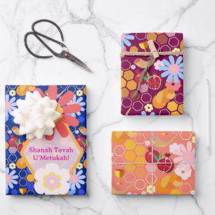 Happy Rosh Hashanah Jüdische Neujahrsmuster Geschenkpapier Set