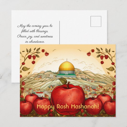 Happy Rosh Hashanah mit Äpfeln & Kuppel Rock Postkarte (Vorne/Hinten)