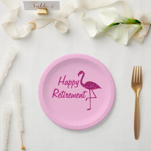 Happy Ruhestand funkelnd rosa Flamingo Custom text Pappteller (Hochzeit)