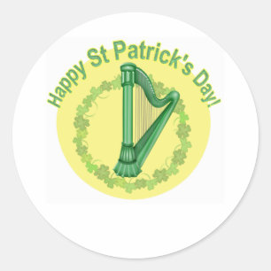 Happy Saint Patrick's Day Harp and Wreath Runder Aufkleber