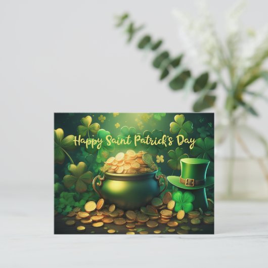 Happy Saint Patrick's Day Pot of Gold Coins Postkarte (Stehend Vorderseite)