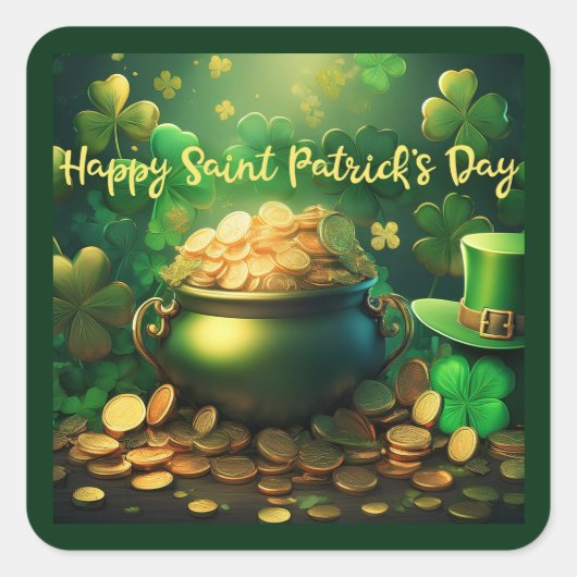 Happy Saint Patrick's Day Pot of Gold Coins Quadratischer Aufkleber (Vorderseite)
