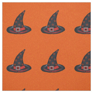 Happy Samhain Black Witch Hat Silver Buckle Orange Stoff
