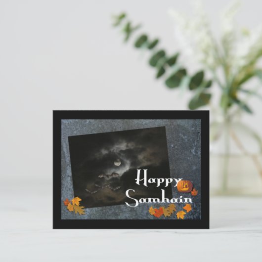 Happy Samhain!-Fledermäuse, Mond, Pumpkin Postkarte (Stehend Vorderseite)