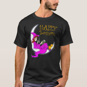 Happy Samhain Lila Hexenbücher Kaffee Katzen Mond T-Shirt