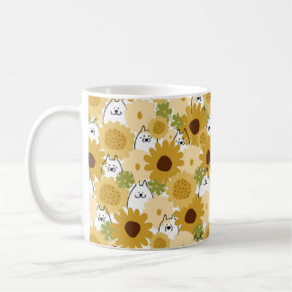 Happy samoyed dog in sonnenblumengarten dog mutter kaffeetasse