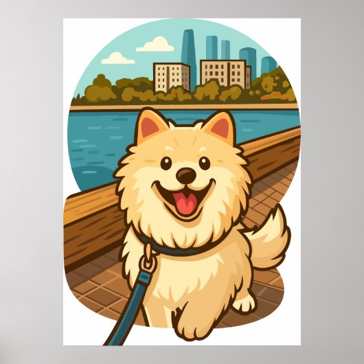 Happy Samoyed Walk by the City Waterfront Poster (Vorne)