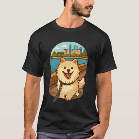 Happy Samoyed Walk by the City Waterfront T-Shirt (Vorderseite)
