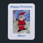 Happy Santa Christmas Magnet<br><div class="desc">Warum der Weihnachtsmann so aufgeregt ist, dass Weihnachten kommt, winkt er in Begeisterung mit den Armen in der Luft. Er hat auf seinem besten Rotsamt Santa Anzug und Hut, die lebendigen Farben einen großen Kontrast zu den blauen des Himmels im Hintergrund. Dieses fröhliche und festliche Weihnachtsdesign des Vaters bricht mit...</div>
