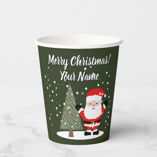 Happy Santa Claus cartoon with Christmas tree Pappbecher (Rückseite)